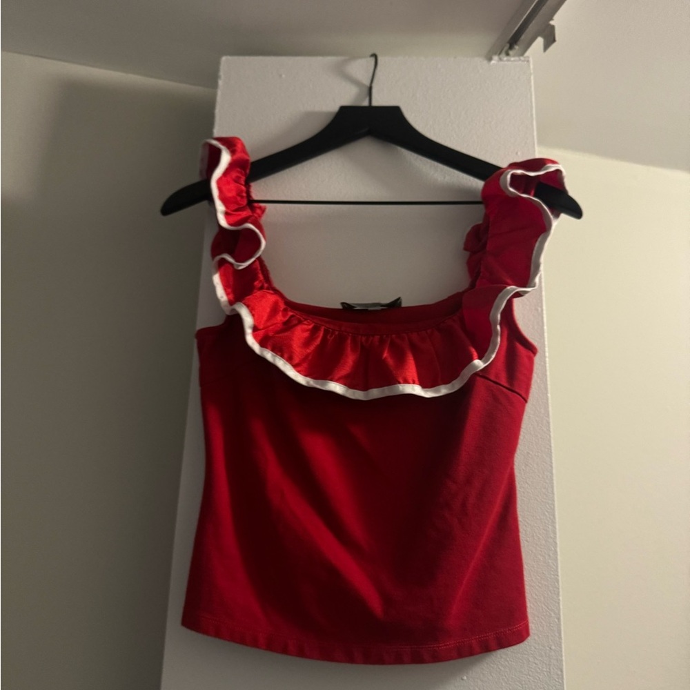 Anthropologie Red Ruffle Trim Crop Top